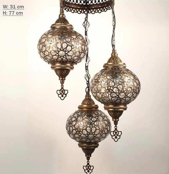 Turkish Blown Laser Glass 3 Globe Chandelier