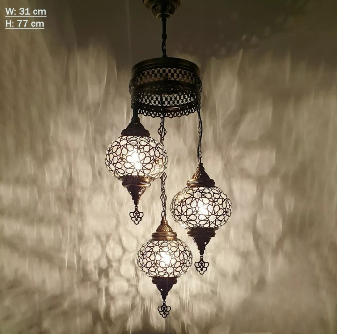 Turkish Blown Laser Glass 3 Globe Chandelier