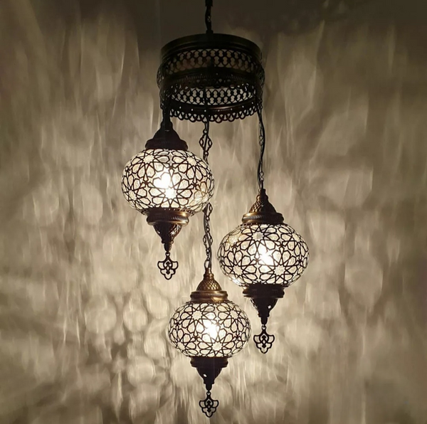 Turkish Blown Laser Glass 3 Globe Chandelier