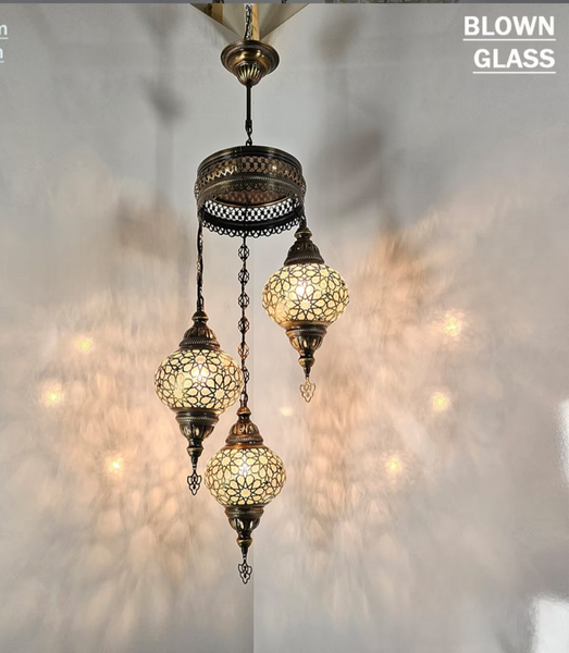 Turkish Blown  Laser Glass 3 Globe Chandelier