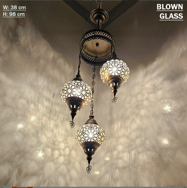 Turkish Blown  Laser Glass 3 Globe Chandelier