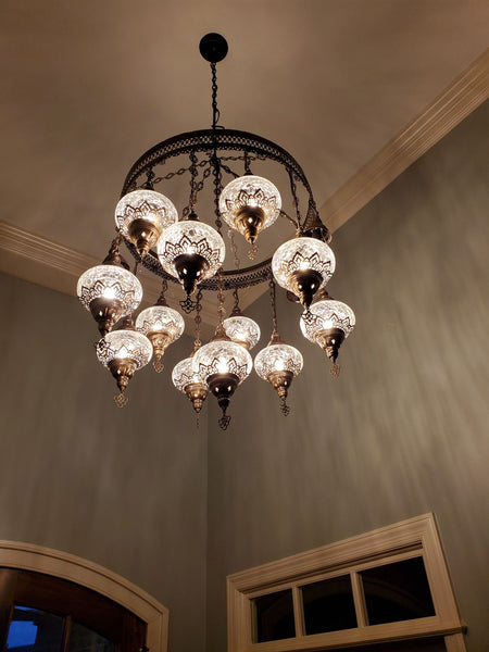 Set of 15 Large Crackle Glass Globe Chandelier Ceiling Fixture