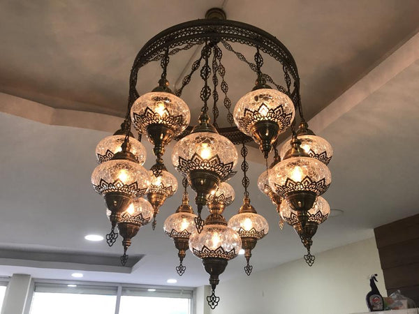 Set of 15 Large Crackle Glass Globe Chandelier Ceiling Fixture